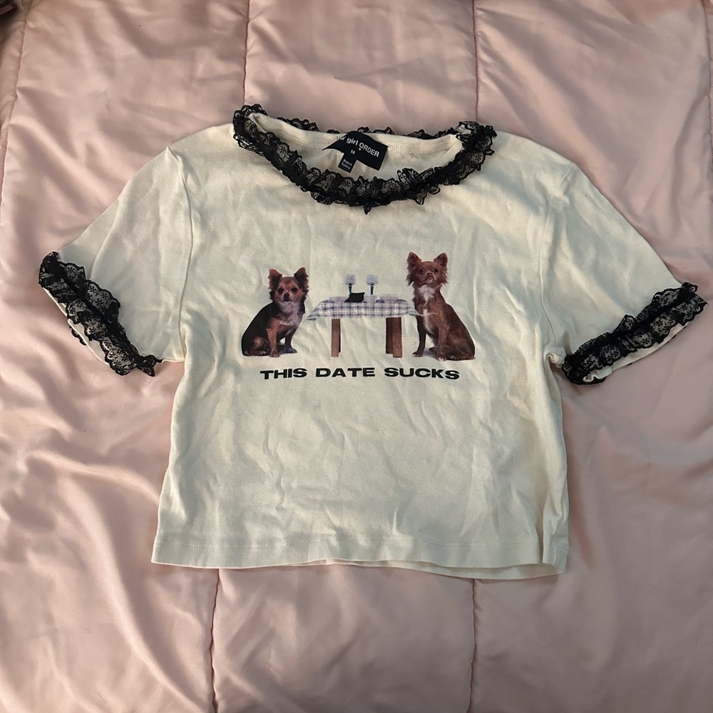 White Short Sleeve Tee with Black Lace Trim